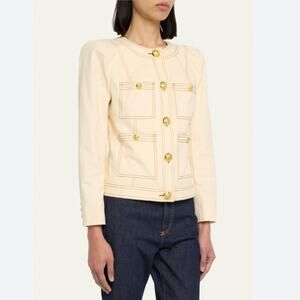 Veronica Beard Ferazia Denim Topstitch Jacket Cream Ecru Gold Buttons, Size 0
